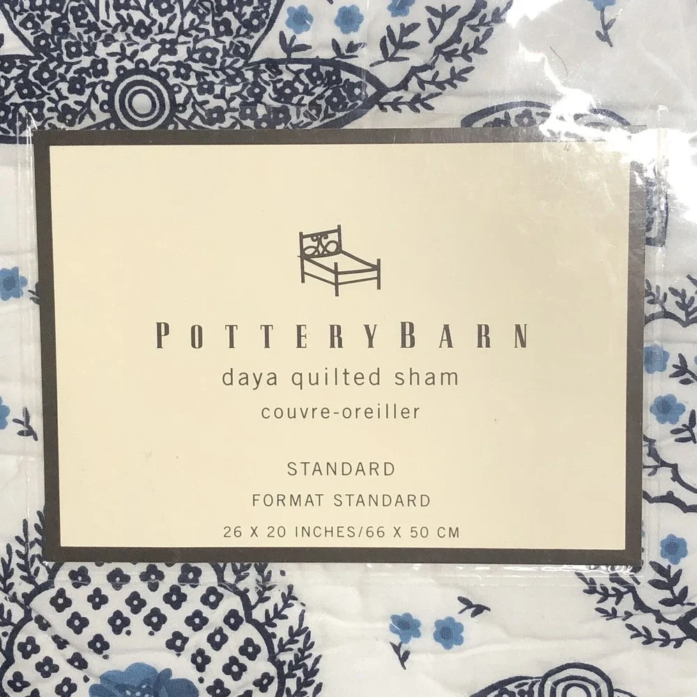 Pottery Barn Daya Quilted Pillow Sham Paisley Blue Standard Size 26 x 20 NEW
